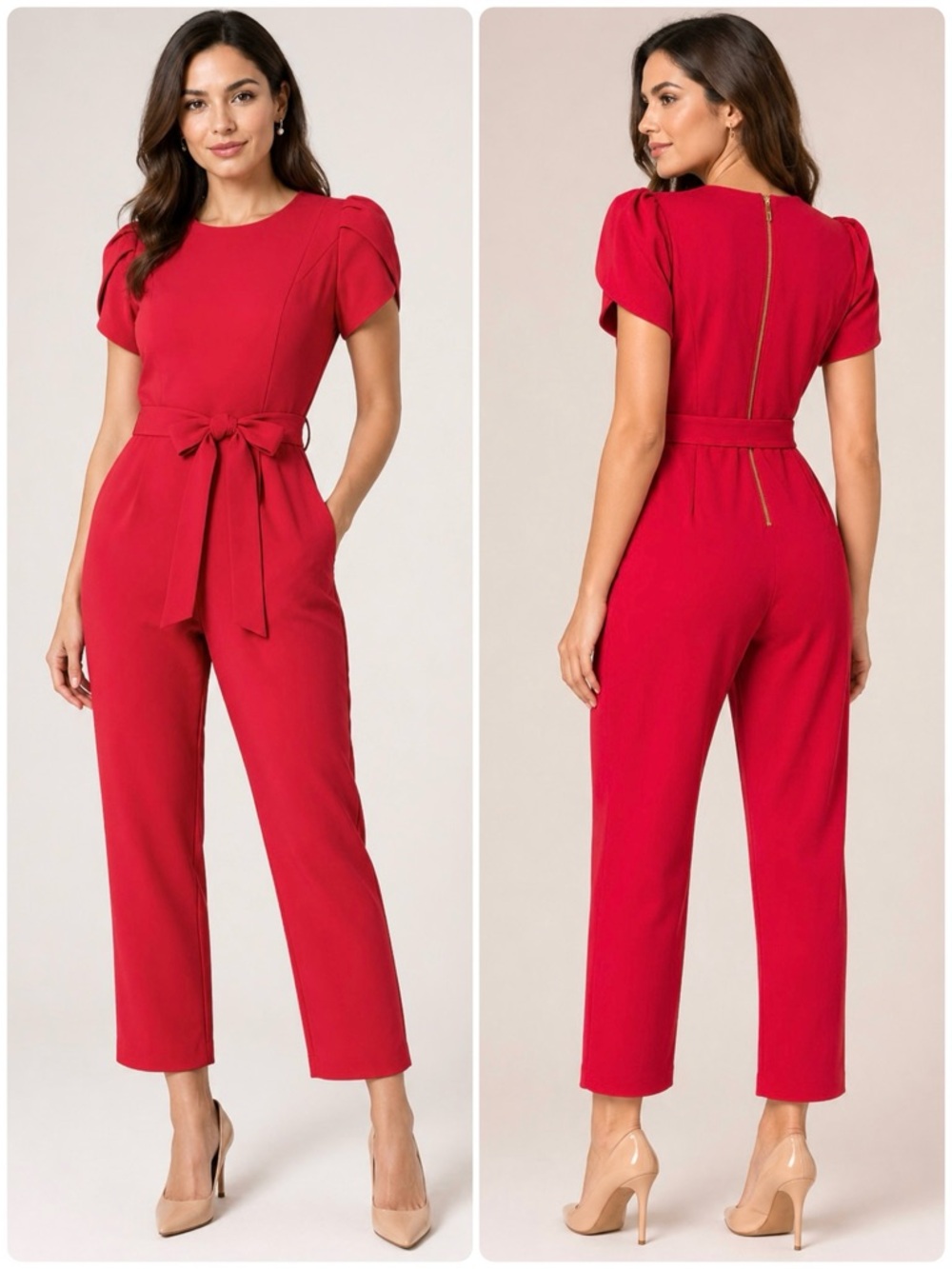 CALVIN KLEIN Jumpsuit Cropped Tulip Sleeve Belted Round Neck Pockets Back Zip